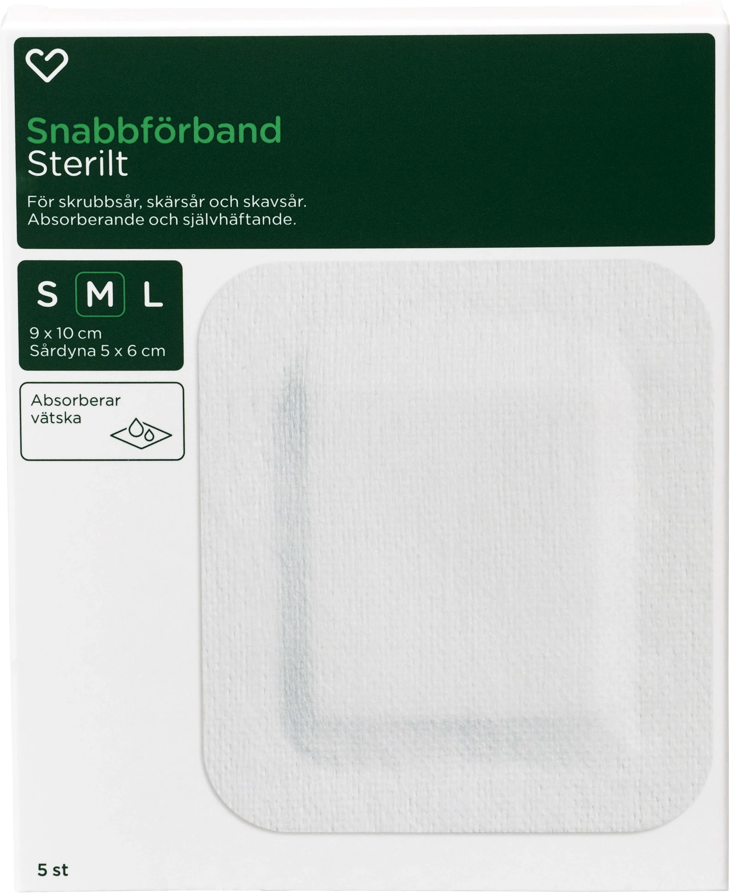 Hjärtats Snabbförband Sterilt 9cm x 10cm 5st - Sårvård, bett & stick