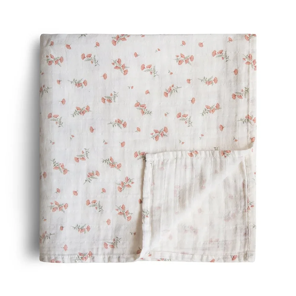 Mushie Muslin Swaddle Pink Flowers - Babyfiltar