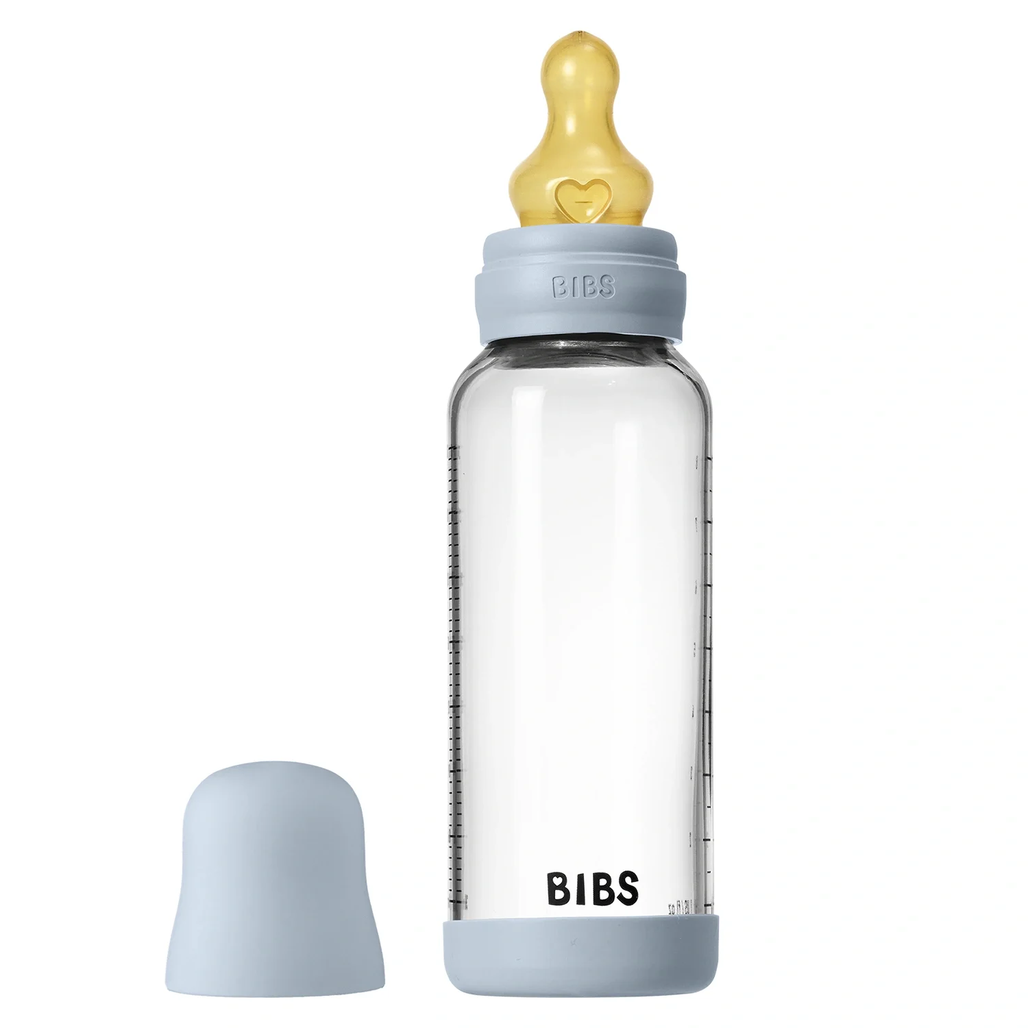 BIBS Glass Baby Bottle Round Latex Medium Flow 240 ml Baby Blue - Nappflaskor i glas