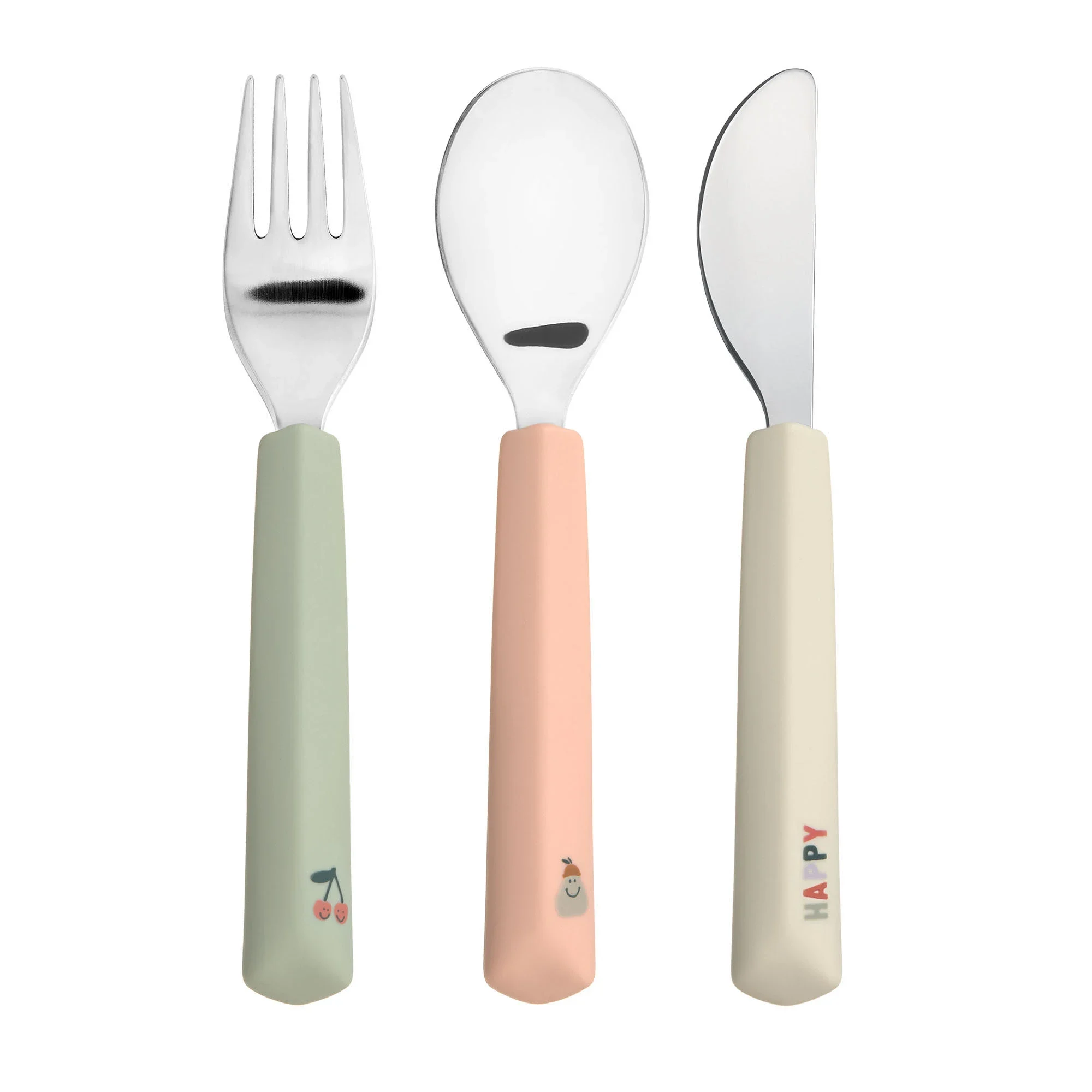 LÄSSIG Cutlery Silicone Handle Happy Fruits 3 Delar Cherry - Barntallrik & barnbestick