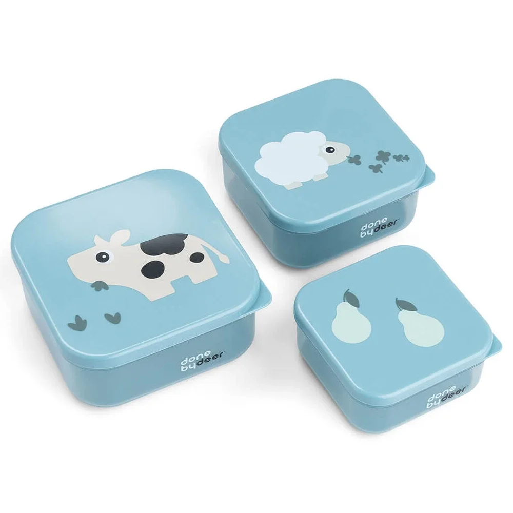 Done by Deer Snack Box Set Tiny Farm Blue 3 st - Barntallrik & barnbestick