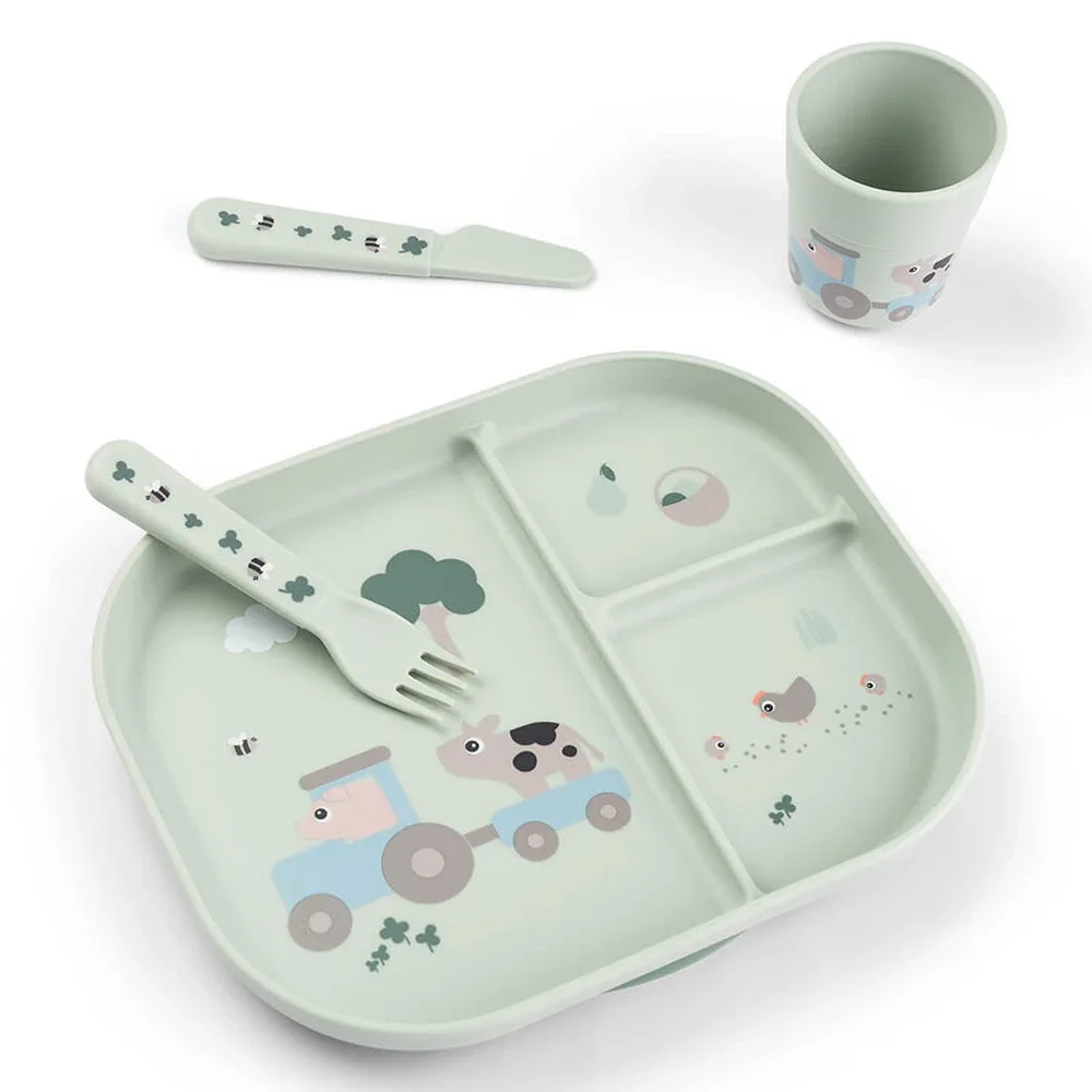 Done by Deer Foodie Dinner Set w/suction Tiny Farm Green - Barntallrik & barnbestick