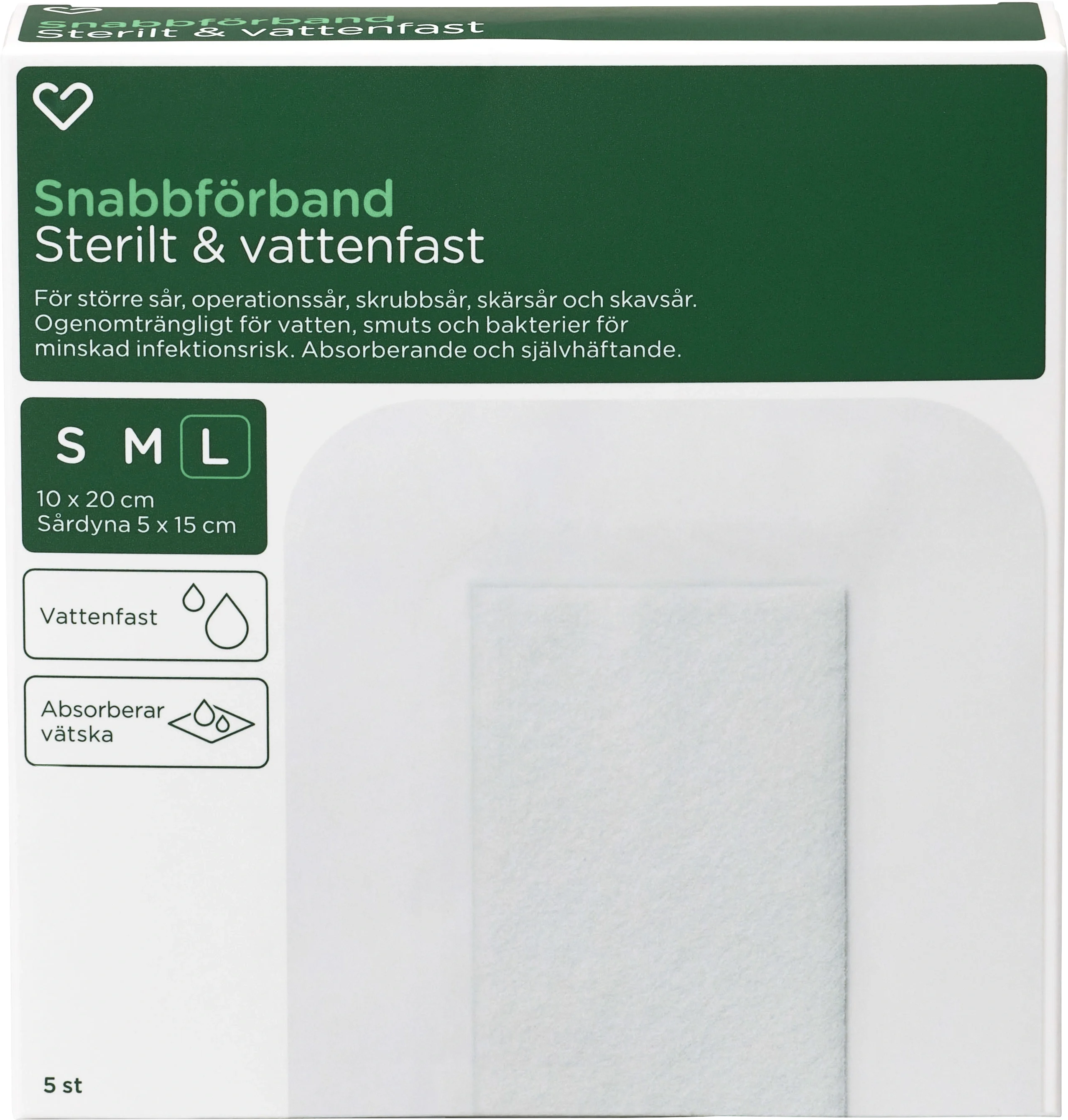 Hjärtats Snabbförband Sterilt Vattenfast 10cm x 20cm 5st - Vattentäta plåster