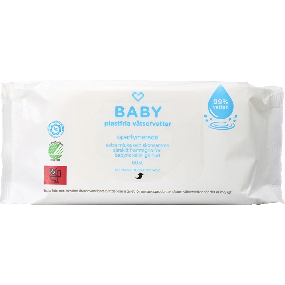 Hjärtats Baby Plastfria Våtservetter 99% vatten Oparfymerade 60 st