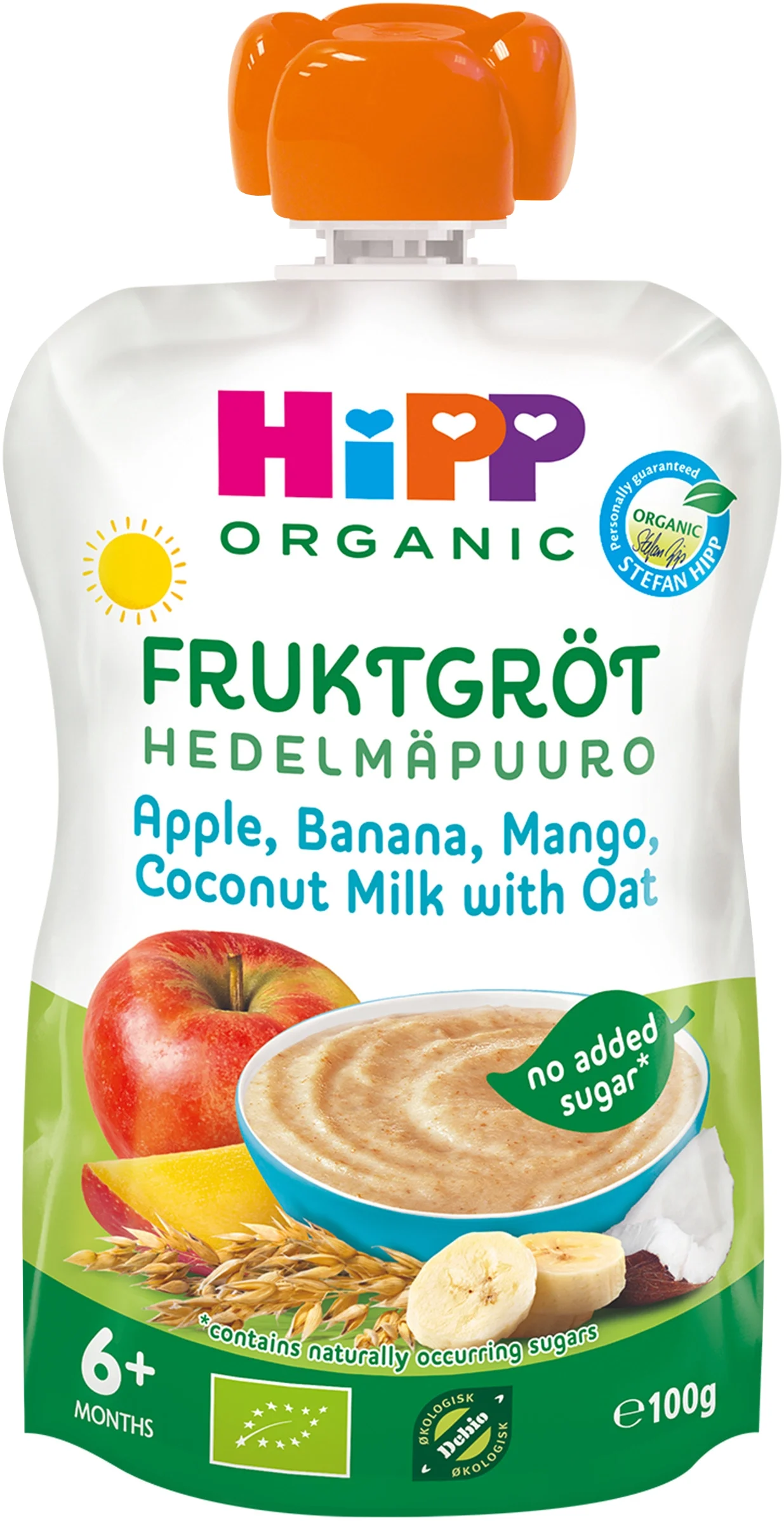HiPP Fruktgröt, Apple, banana, mango, coconut milk with oat 6 mån 100 g - Klämmisar