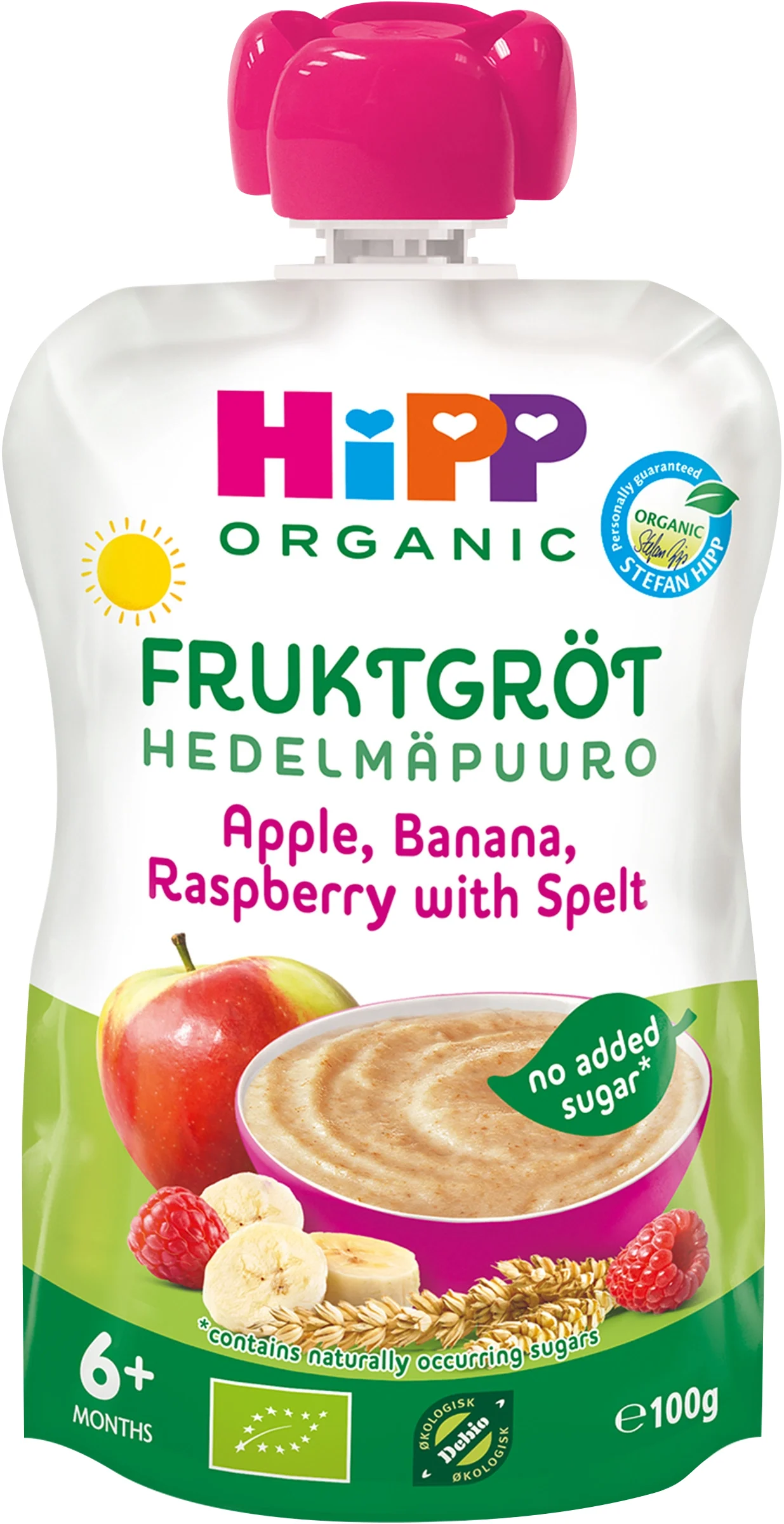 HiPP Fruktgröt Apple, banana, rasberry with spelt 6 mån 100 g - Klämmisar