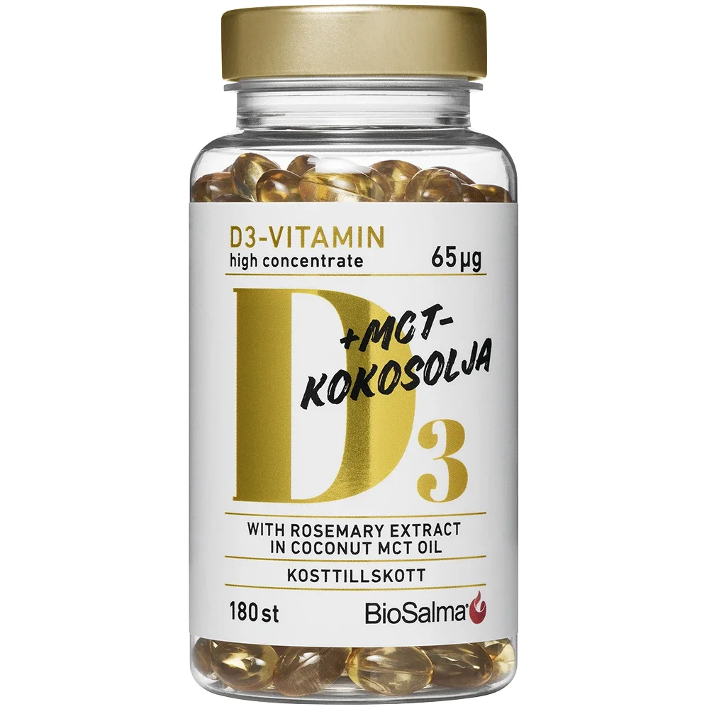 BioSalma D3-vitamin 65 μg i MCT-Kokosolja 180 kapslar