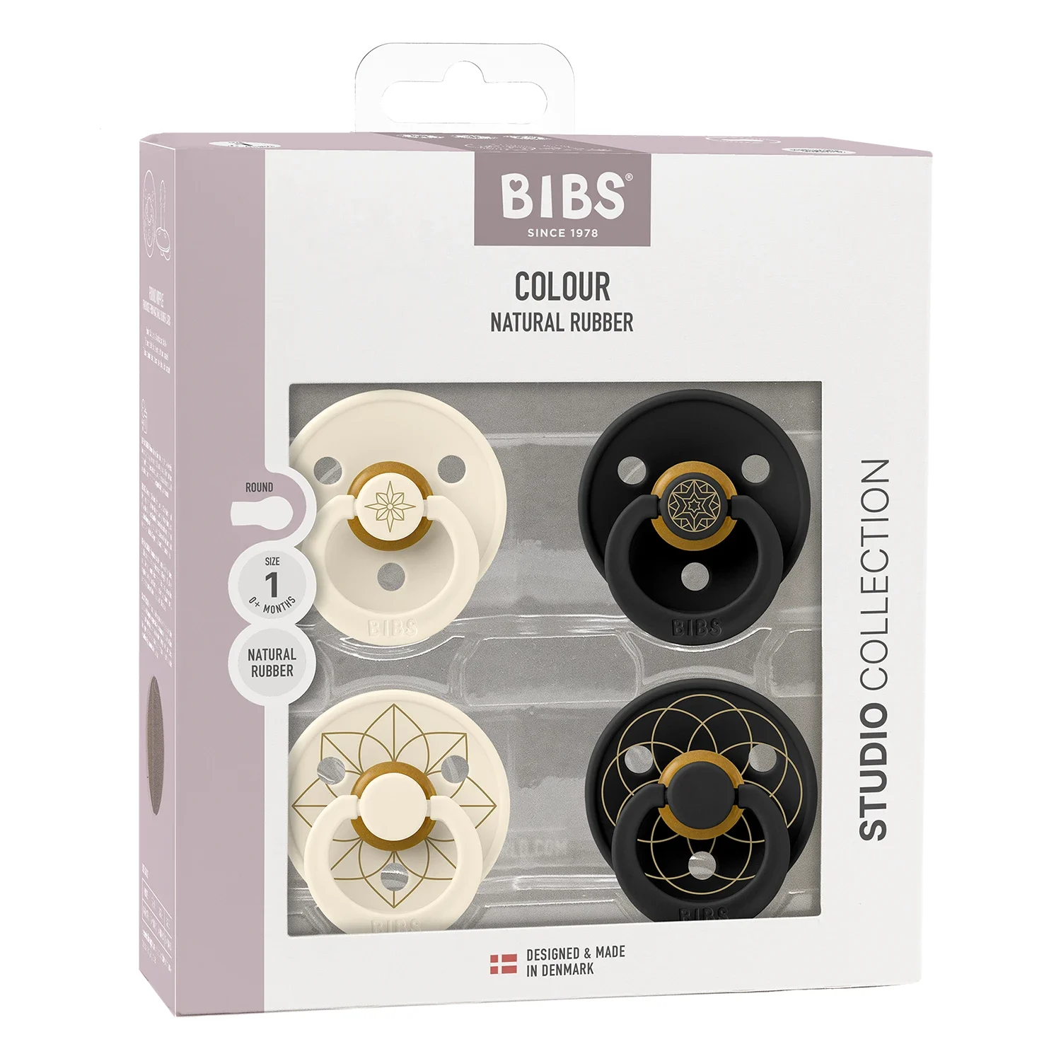 BIBS Pacifier Studio Colour Noor & Layl Latex Size 1 Ivory Gold Black Gold 4-pack