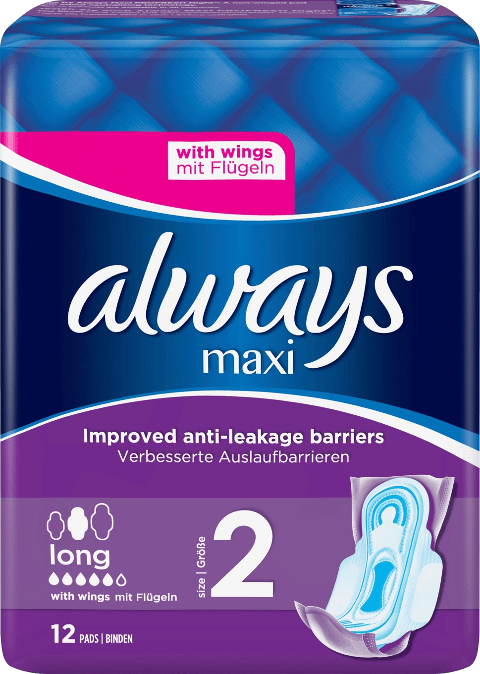 Always Maxi Long Bindor Stl 2 Med Vingar 12 st Always