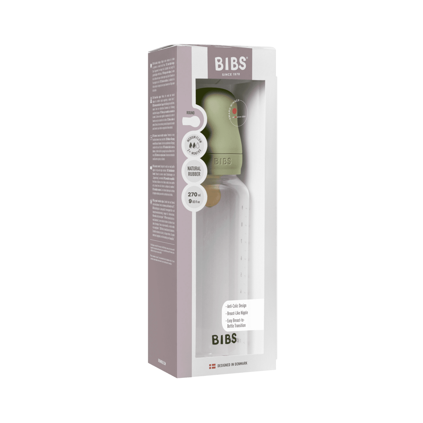 BIBS Baby Bottle Round Latex Medium Flow Sage 270 ml 1-pack Bibs