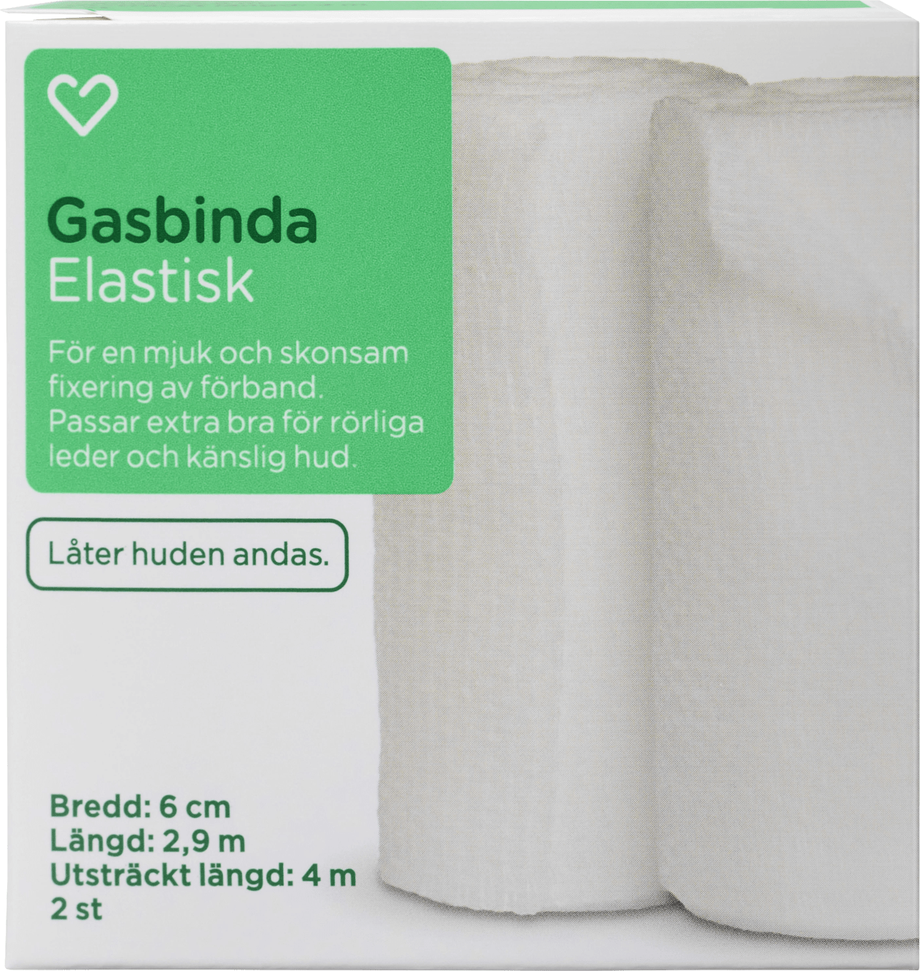 Hjärtats Gasbinda Elastisk 6cm x 4m 2st Hjärtats