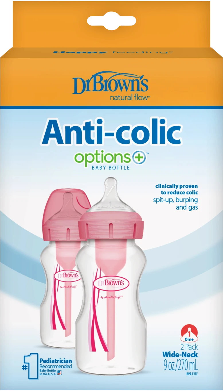 Dr Brown's Options+ Nappflaska 270 ml Bred Hals Rosa 2-pack Dr Browns