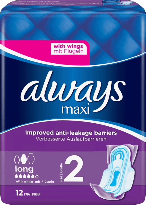 Always Maxi Long Bindor Stl 2 Med Vingar 12 st Always