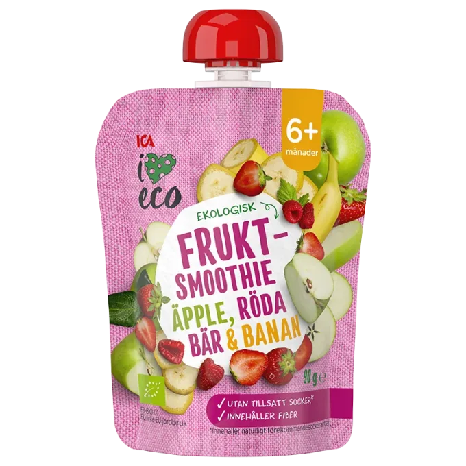 ICA I Love Eco Fruktsmoothie Äpple Banan Hallon Jordgubb 90 g ICA I Love Eco