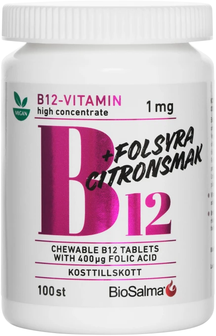 BioSalma B12-vitamin 1 mg + Folsyra 100 st tuggtabletter BioSalma
