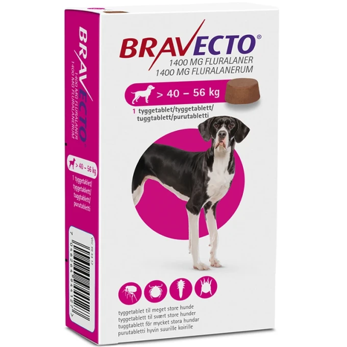 Bravecto för mycket stora hundar (>40-56 kg) Tuggtablett 1400mg Blister, 1tablett 