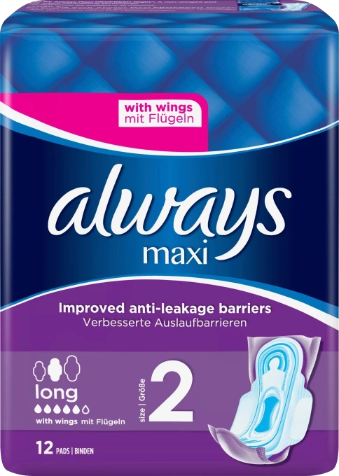 Always Maxi Long Bindor Stl 2 Med Vingar 12 st Always