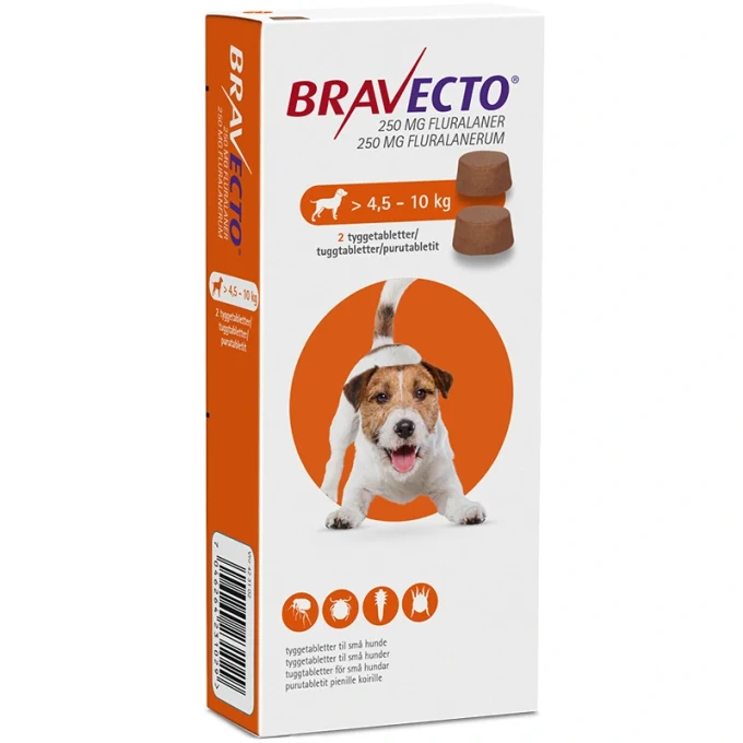 Bravecto för små hundar (>4,5-10 kg) Tuggtablett 250mg Blister, 2tabletter 