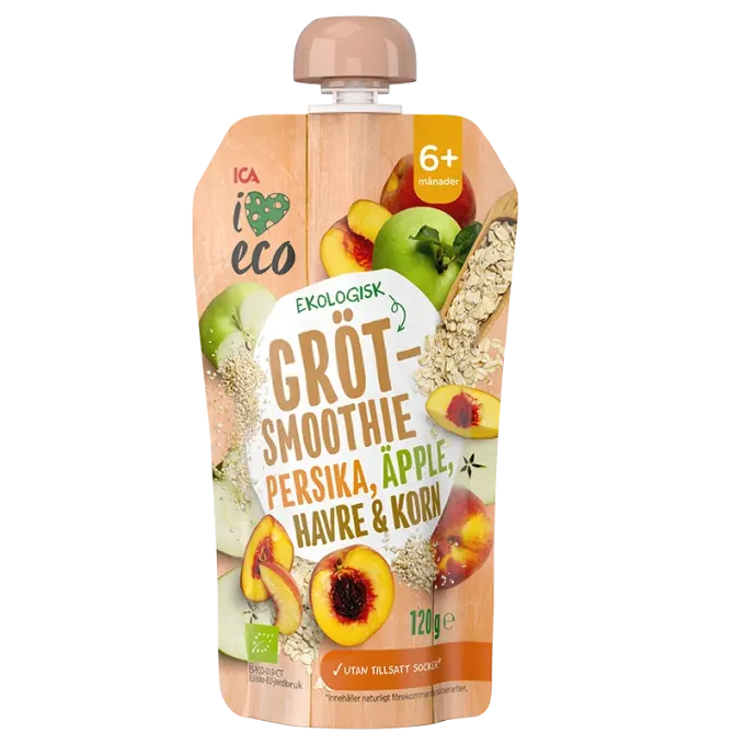 ICA I Love Eco Fruktgröt Persika Äpple HAVRE & Korn 120 g ICA I Love Eco