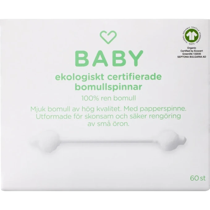 Hjärtats BABY Eko Bomullspinnar 60 st Hjärtats