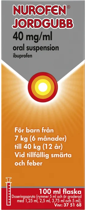 Nurofen Jordgubb Oral suspension 40mg/ml Plastflaska, 100 ml med doseringsspruta Nurofen