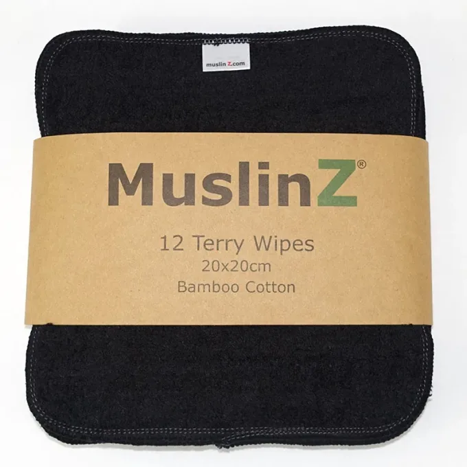 MuslinZ Bamboo Cotton Terry Wipes black 12-pack MuslinZ