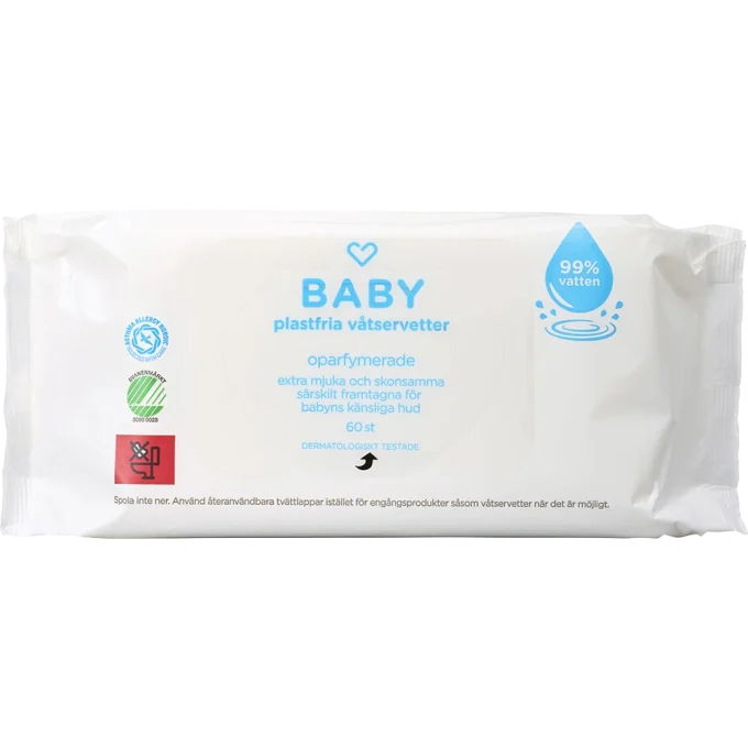 Hjärtats Baby Plastfria Våtservetter 99% vatten Oparfymerade Storpack 16x60 st Hjärtats
