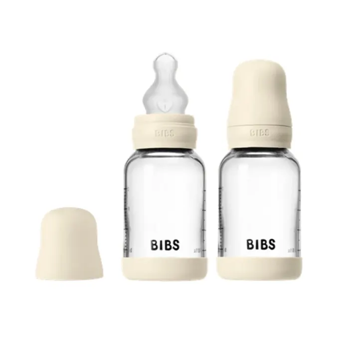 BIBS Glass Baby Bottle Round Silicone Slow Flow 120 ml 2-pack Ivory Bibs