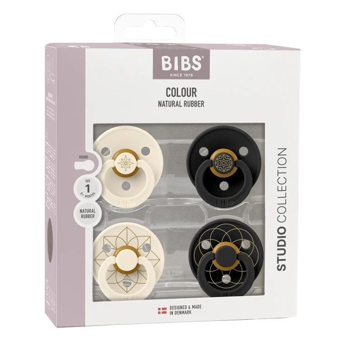 BIBS Pacifier Studio Colour Noor & Layl Latex Size 1 Ivory Gold Black Gold 4-pack BIBS