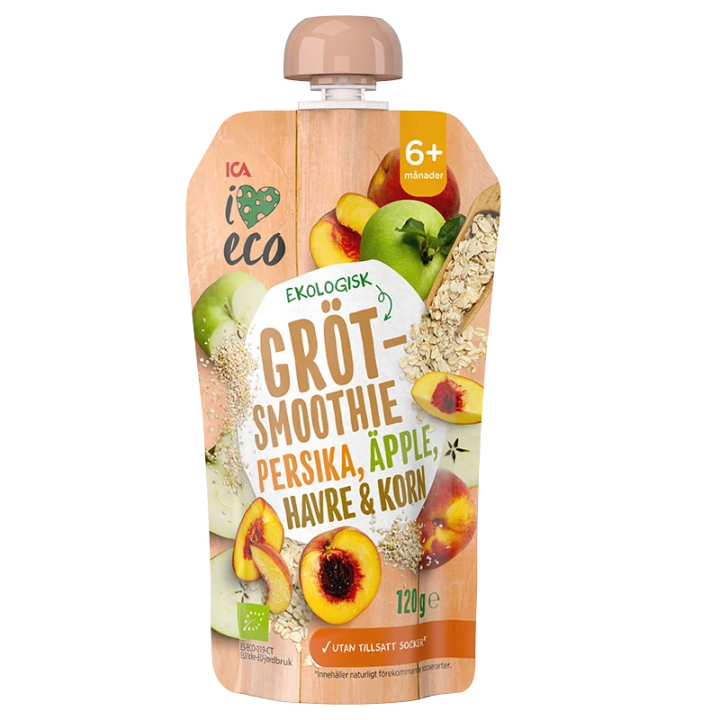 ICA I Love Eco Fruktgröt Persika Äpple HAVRE & Korn 120 g ICA I Love Eco