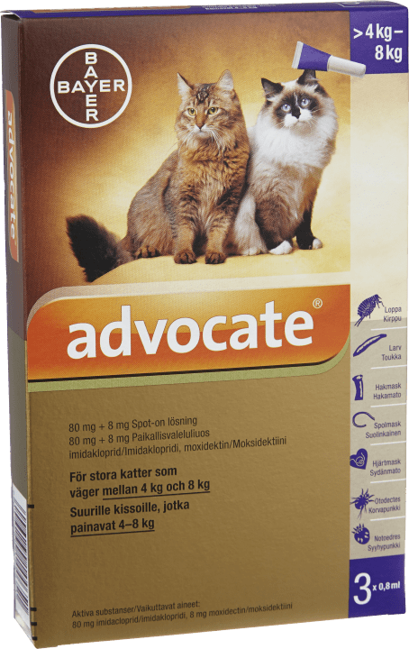 Advocate® för stora katter Spot-on, lösning 80mg/8mg Dospipett, 3st (0,8ml) 