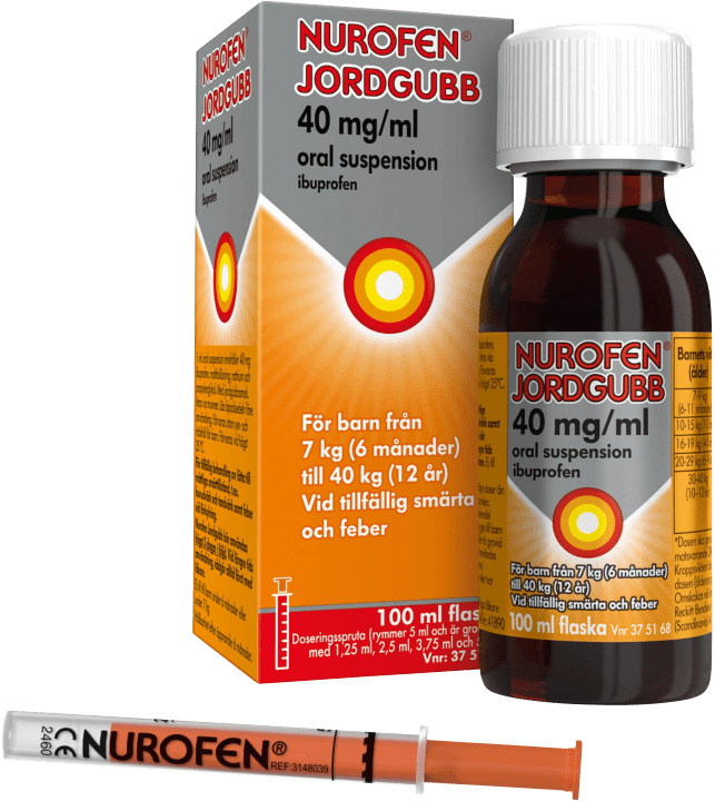 Nurofen Jordgubb Oral suspension 40mg/ml Plastflaska, 100 ml med doseringsspruta Nurofen
