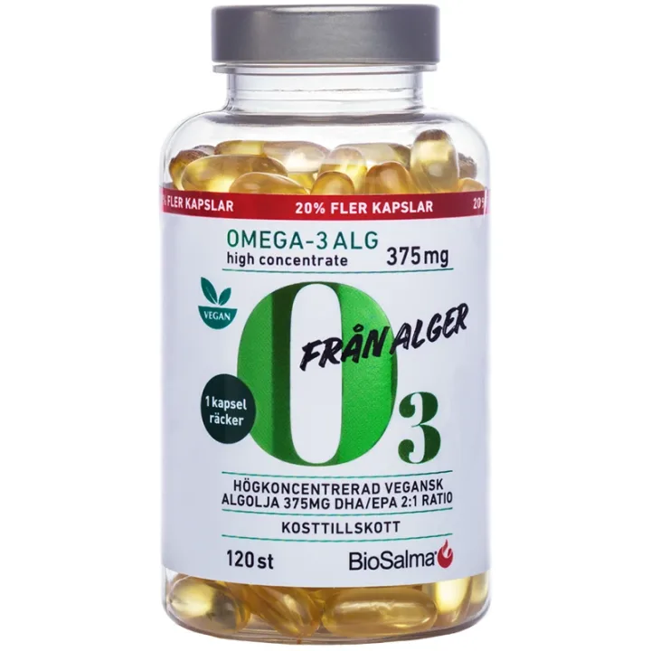 BioSalma Omega-3 av Alg 375 mg DHA/EPA 120 kapslar BioSalma