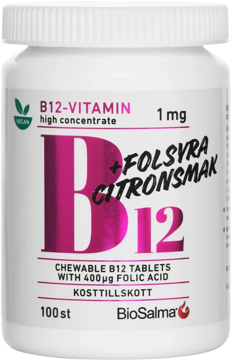 BioSalma B12-vitamin 1 mg + Folsyra 100 st tuggtabletter BioSalma