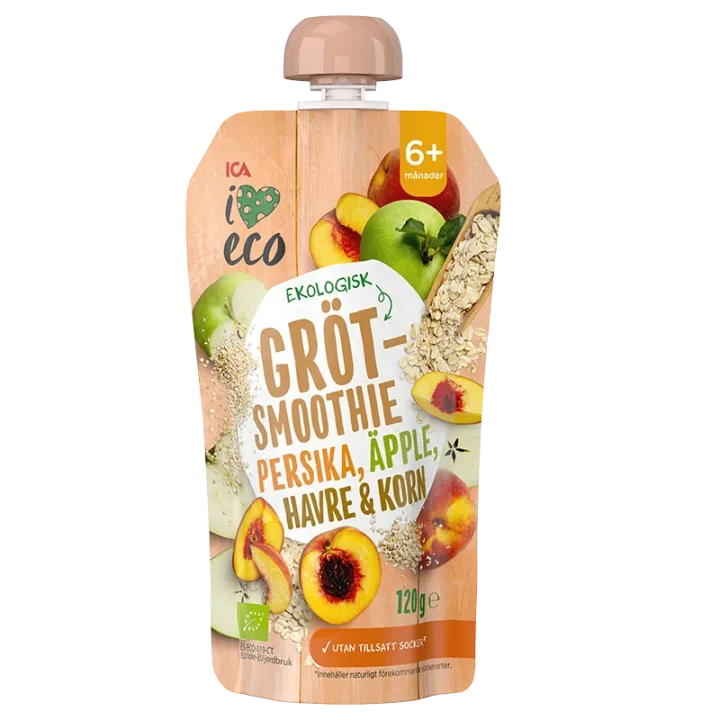 ICA I Love Eco Fruktgröt Persika Äpple HAVRE & Korn 120 g ICA I Love Eco