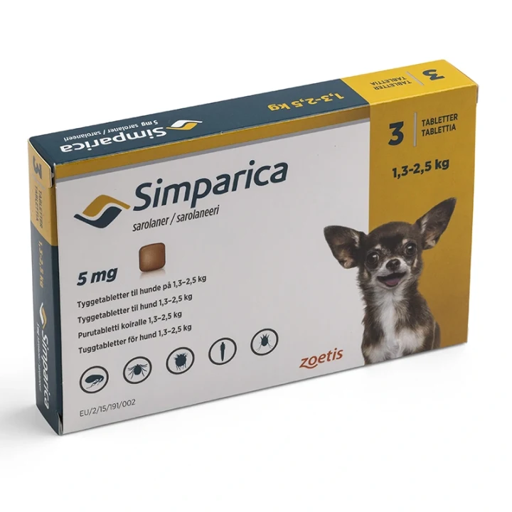 Simparica för hund 1,3-2,5 kg Tuggtablett 5mg Blister, 3tabletter 