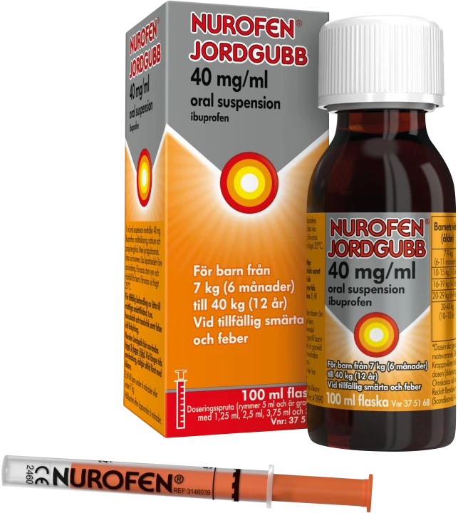 Nurofen Jordgubb Oral suspension 40mg/ml Plastflaska, 100 ml med doseringsspruta Nurofen