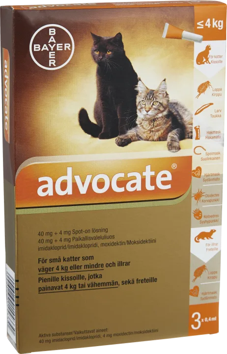 Advocate® för små katter och illrar Spot-on, lösning 40mg/4mg Dospipett, 3st (0,4ml) 