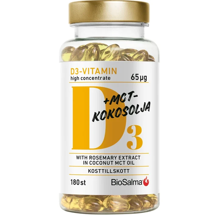 BioSalma D3-vitamin 65 μg i MCT-Kokosolja 180 kapslar BioSalma