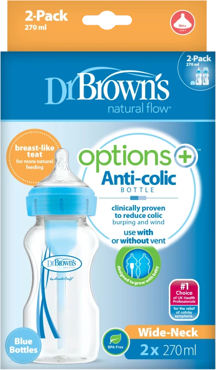 Dr Brown's Options+ Nappflaska 270 ml Bred Hals Blå 2-pack Dr Browns