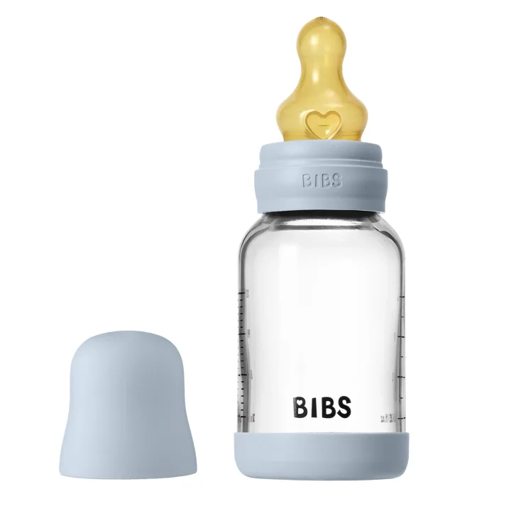BIBS Glass Baby Bottle Round Latex Slow Flow 120 ml Baby Blue Bibs