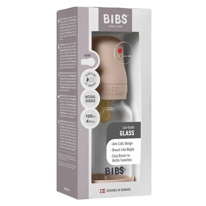 BIBS Glass Baby Bottle Round Latex Slow Flow 120 ml Blush Bibs