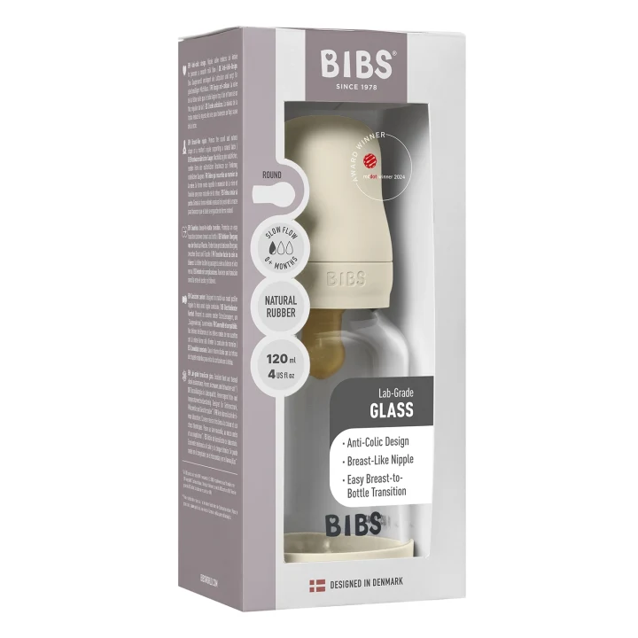 BIBS Glass Baby Bottle Round Latex Slow Flow 120 ml Ivory Bibs