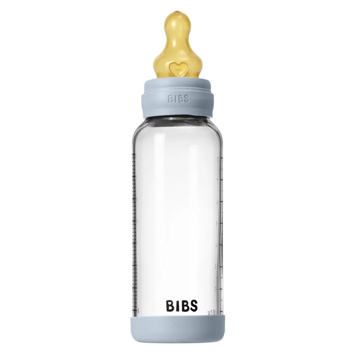 BIBS Glass Baby Bottle Round Latex Medium Flow 240 ml Baby Blue Bibs