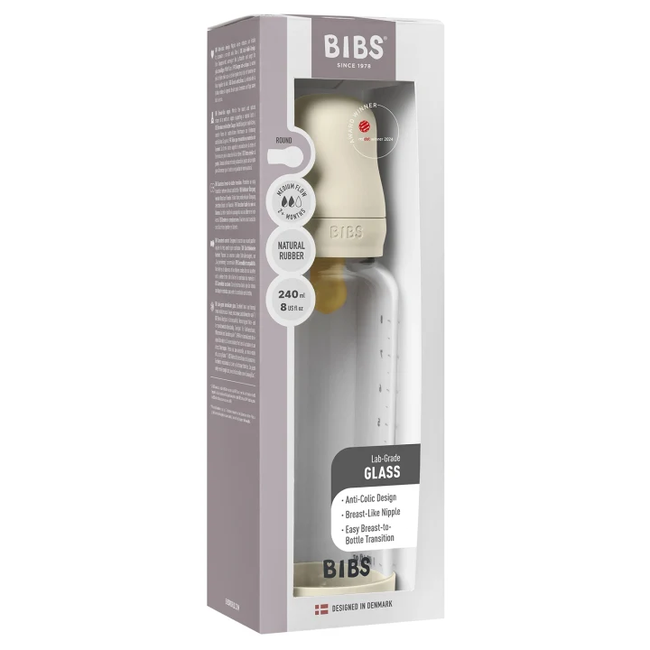 BIBS Glass Baby Bottle Round Latex Medium Flow 240 ml Ivory Bibs