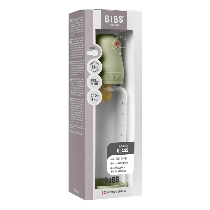 BIBS Glass Baby Bottle Round Latex Medium Flow 240 ml Sage Bibs