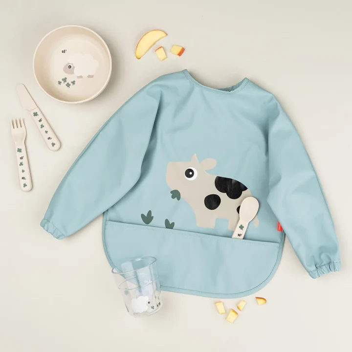 Done by Deer Sleeved Pocket Bib Tiny Farm Blue Done by Deer