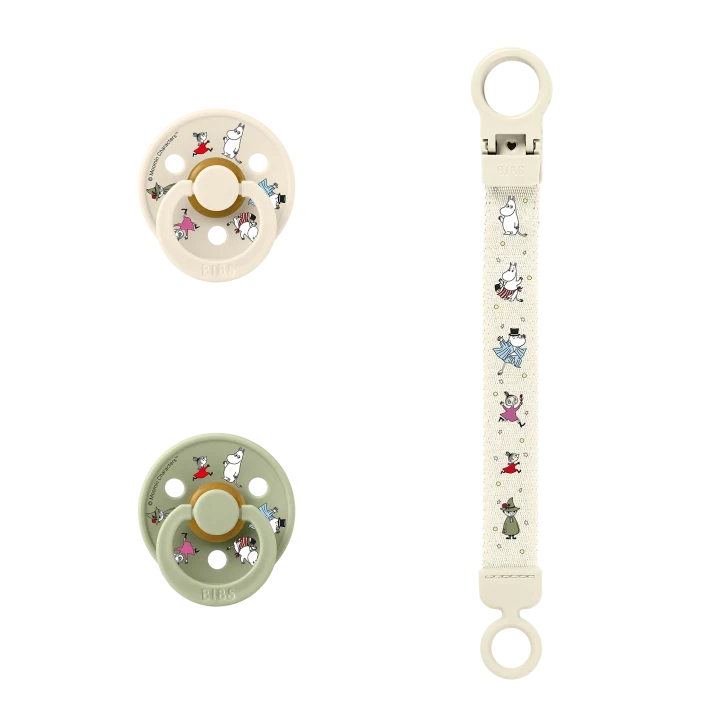 Bibs x Moomins Colour Pacifier & Loop Clip Gift Set Latex Size 2 Ivory/Sage Bibs