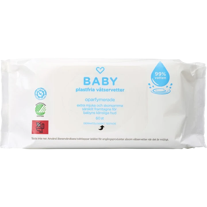 Hjärtats Baby Plastfria Våtservetter 99% vatten Oparfymerade Storpack 16x60 st Hjärtats