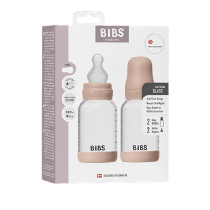 BIBS Glass Baby Bottle Round Silicone Slow Flow 120 ml 2-pack Blush Bibs